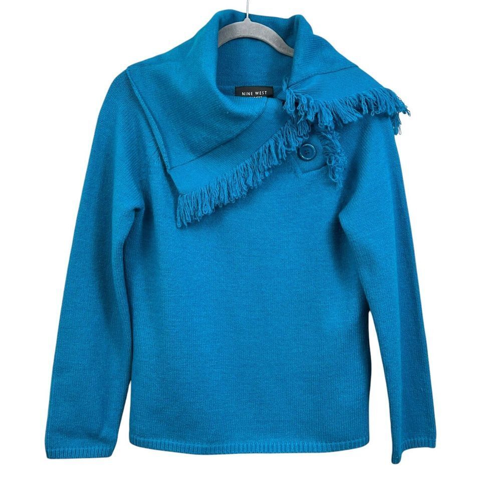 Nine West Women Wool Blend Knit Sweater Ribbed Asymmetric Fringe Neck Teal Sz M*